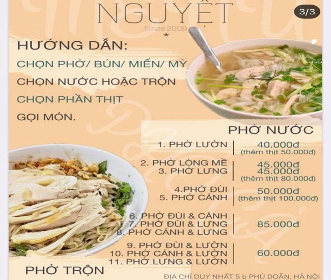 menu đa dạng của phở gà Nguyệt